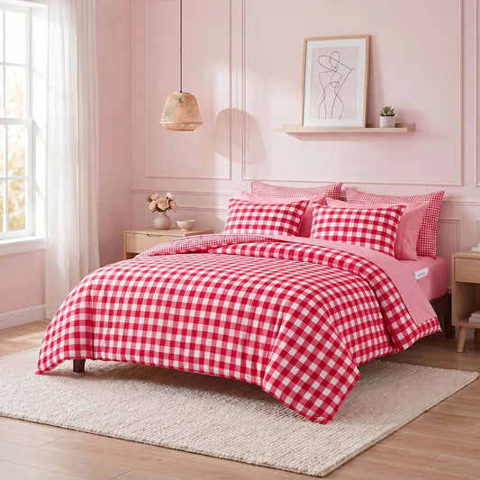 Plaid Ruched Reversible Comforter Set, Bed in a Bag with Comforter, Sheets and Side Pockets