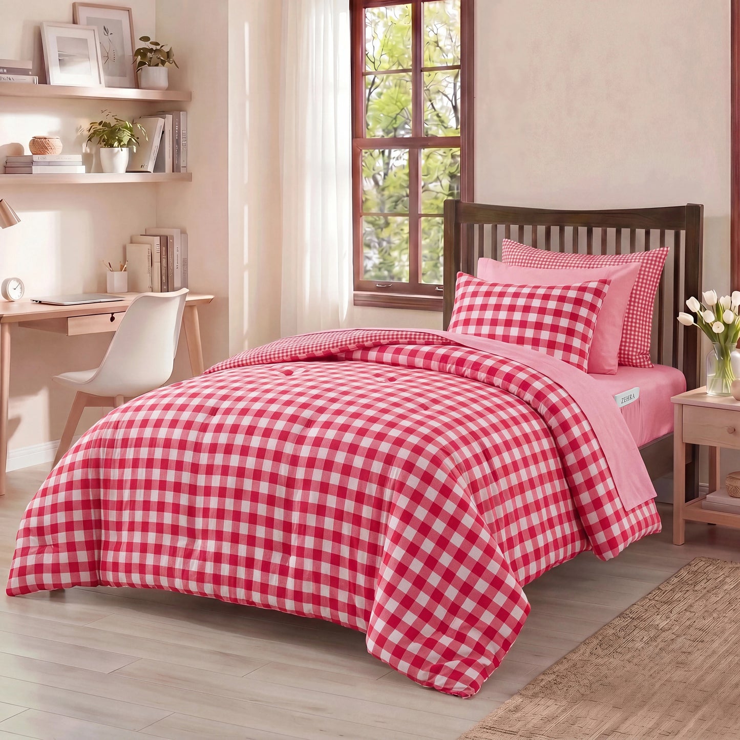 Plaid Ruched Reversible Comforter Set, Bed in a Bag with Comforter, Sheets and Side Pockets