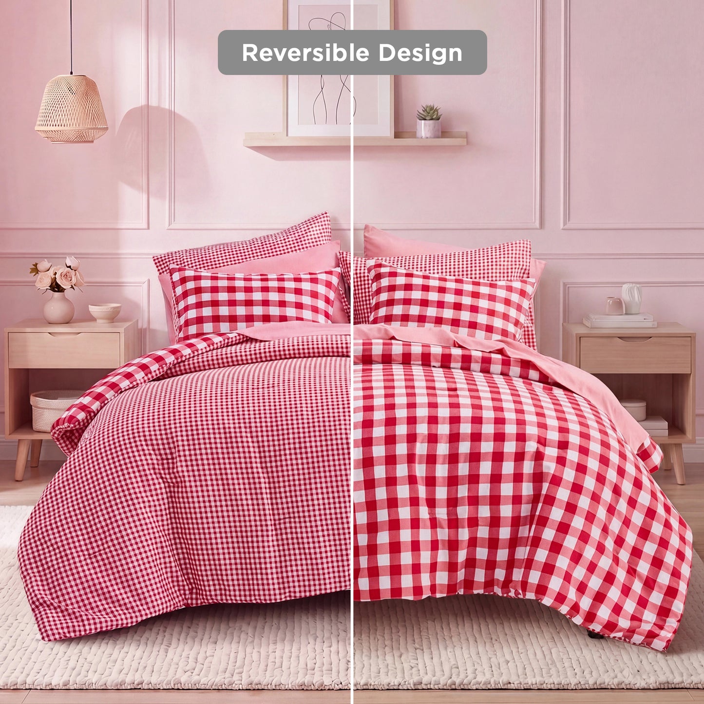 Plaid Ruched Reversible Comforter Set, Bed in a Bag with Comforter, Sheets and Side Pockets