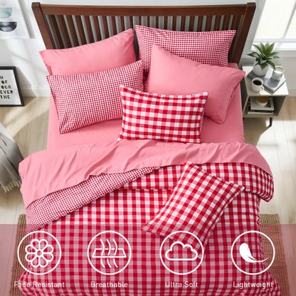 Plaid Ruched Reversible Comforter Set, Bed in a Bag with Comforter, Sheets and Side Pockets