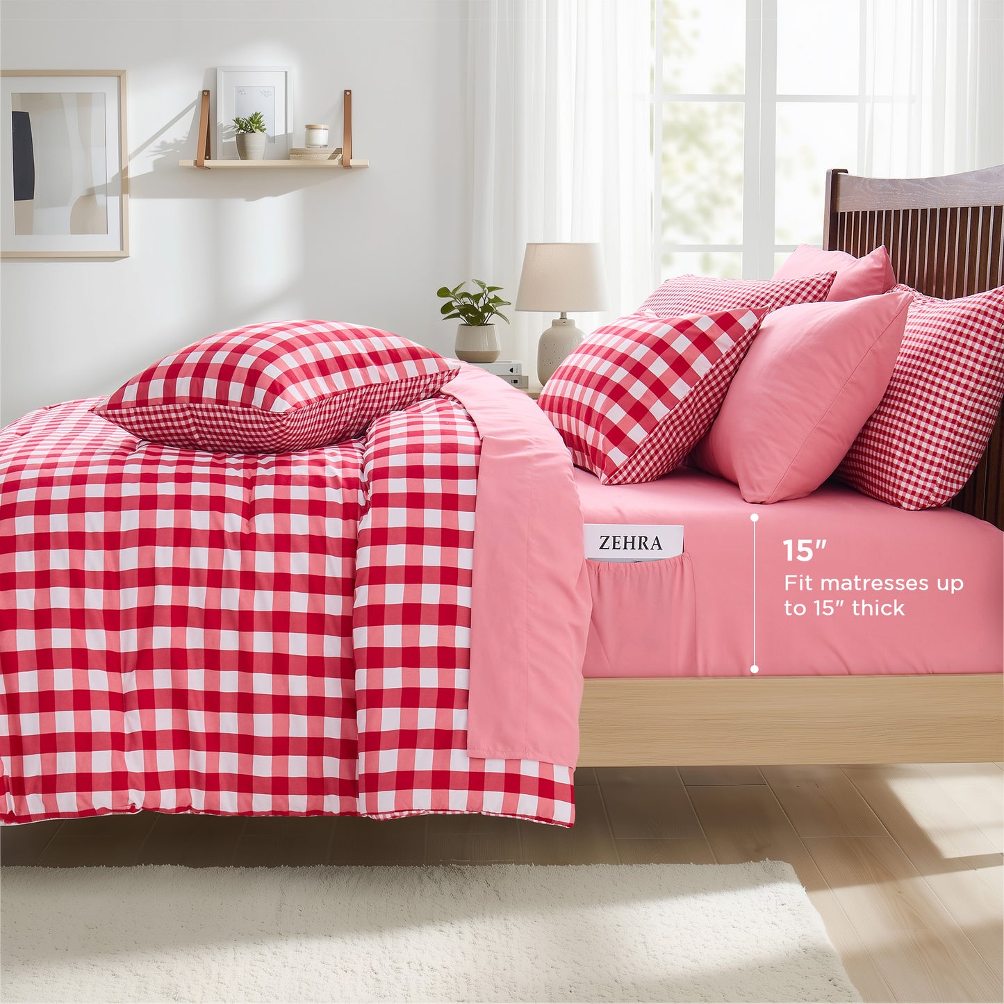 Plaid Ruched Reversible Comforter Set, Bed in a Bag with Comforter, Sheets and Side Pockets