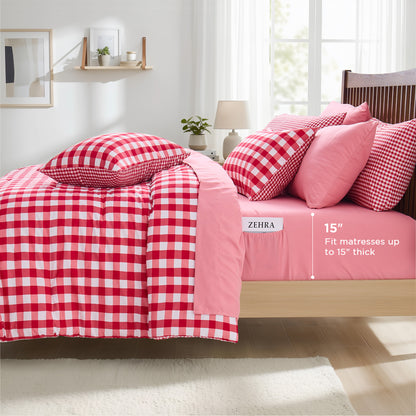 Plaid Ruched Reversible Comforter Set, Bed in a Bag with Comforter, Sheets and Side Pockets
