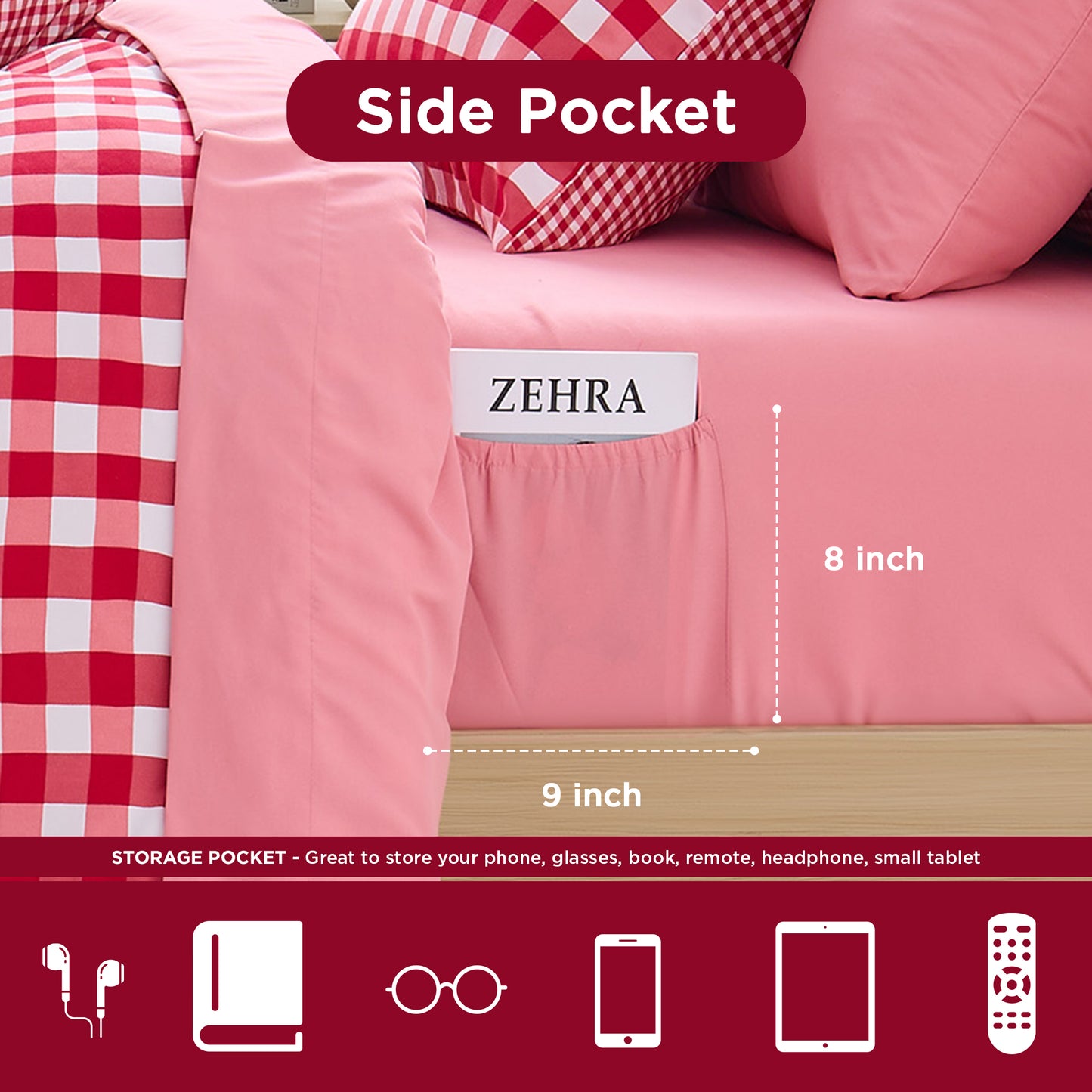 Plaid Ruched Reversible Comforter Set, Bed in a Bag with Comforter, Sheets and Side Pockets