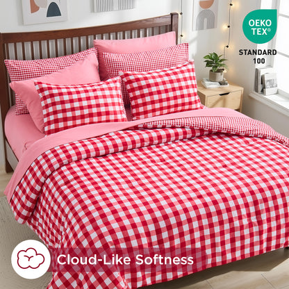 Plaid Ruched Reversible Comforter Set, Bed in a Bag with Comforter, Sheets and Side Pockets