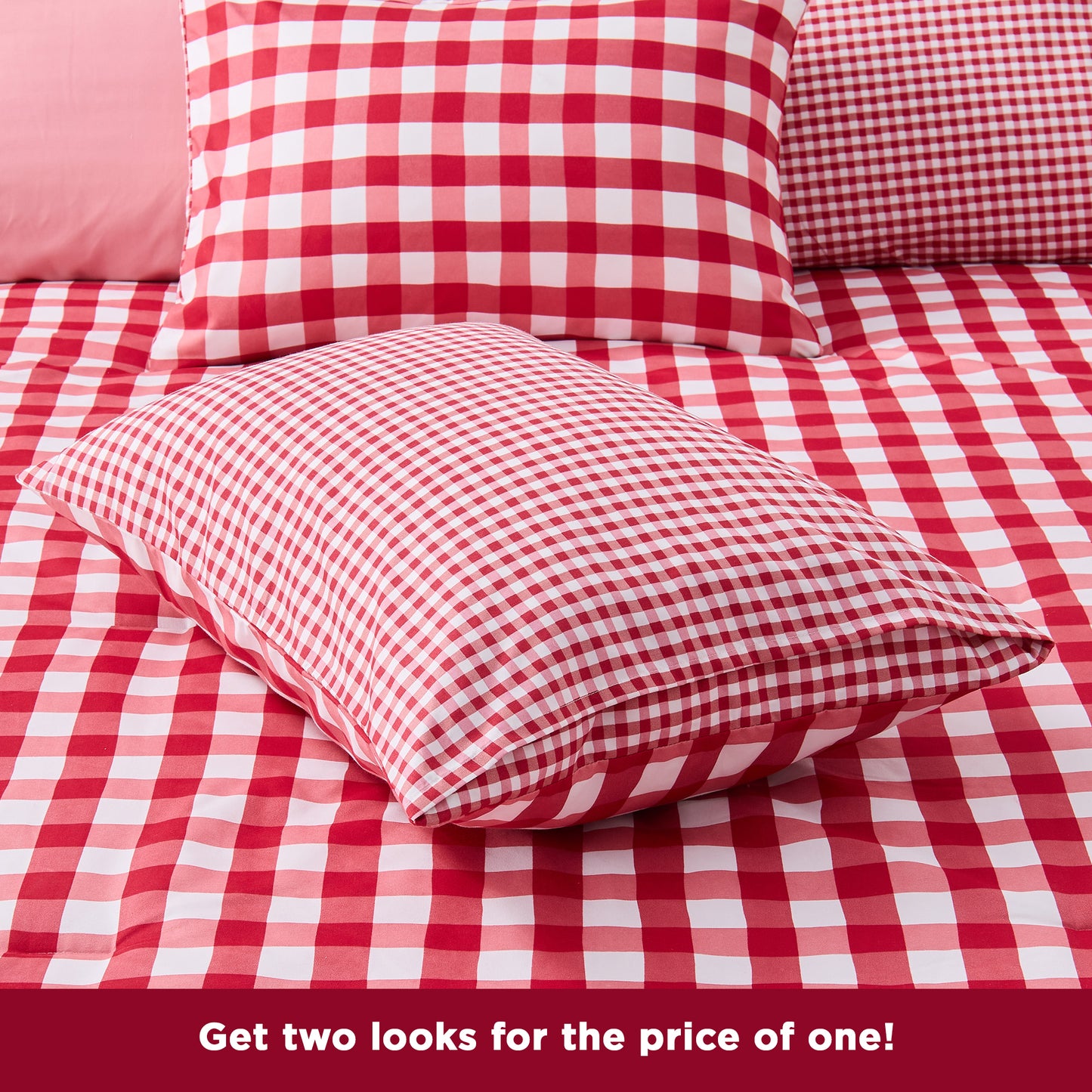 Plaid Ruched Reversible Comforter Set, Bed in a Bag with Comforter, Sheets and Side Pockets