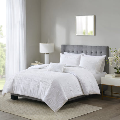 4 Piece Cotton Seersucker Duvet Cover Set, King/Cal King, White