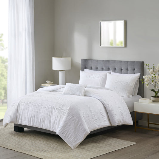 4 Piece Cotton Seersucker Duvet Cover Set, King/Cal King, White
