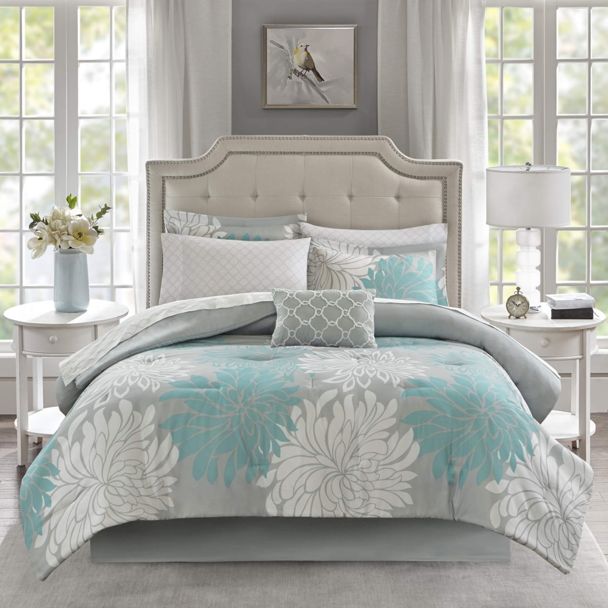 Aqua Printed Floral Comforter Set with 100% Cotton Bed Sheet