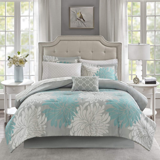 Aqua Printed Floral Comforter Set with 100% Cotton Bed Sheet