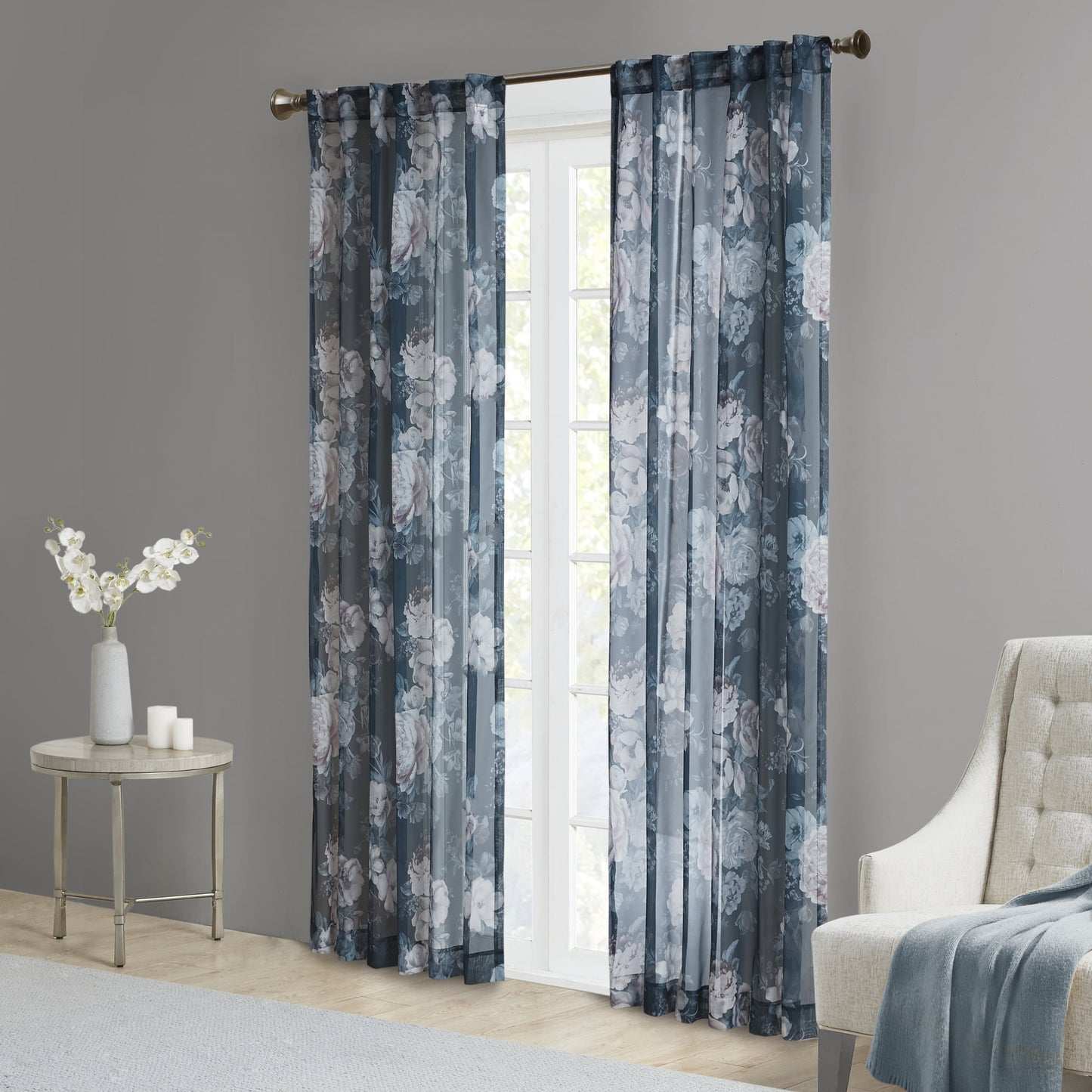 Printed Floral Rod Pocket and Back Tab Voile Sheer, Navy