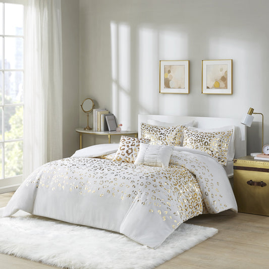 4 Piece Gold Metallic Leopard Printed Duvet Cover Set, Ivory/Gold, Twin/Twin-XL