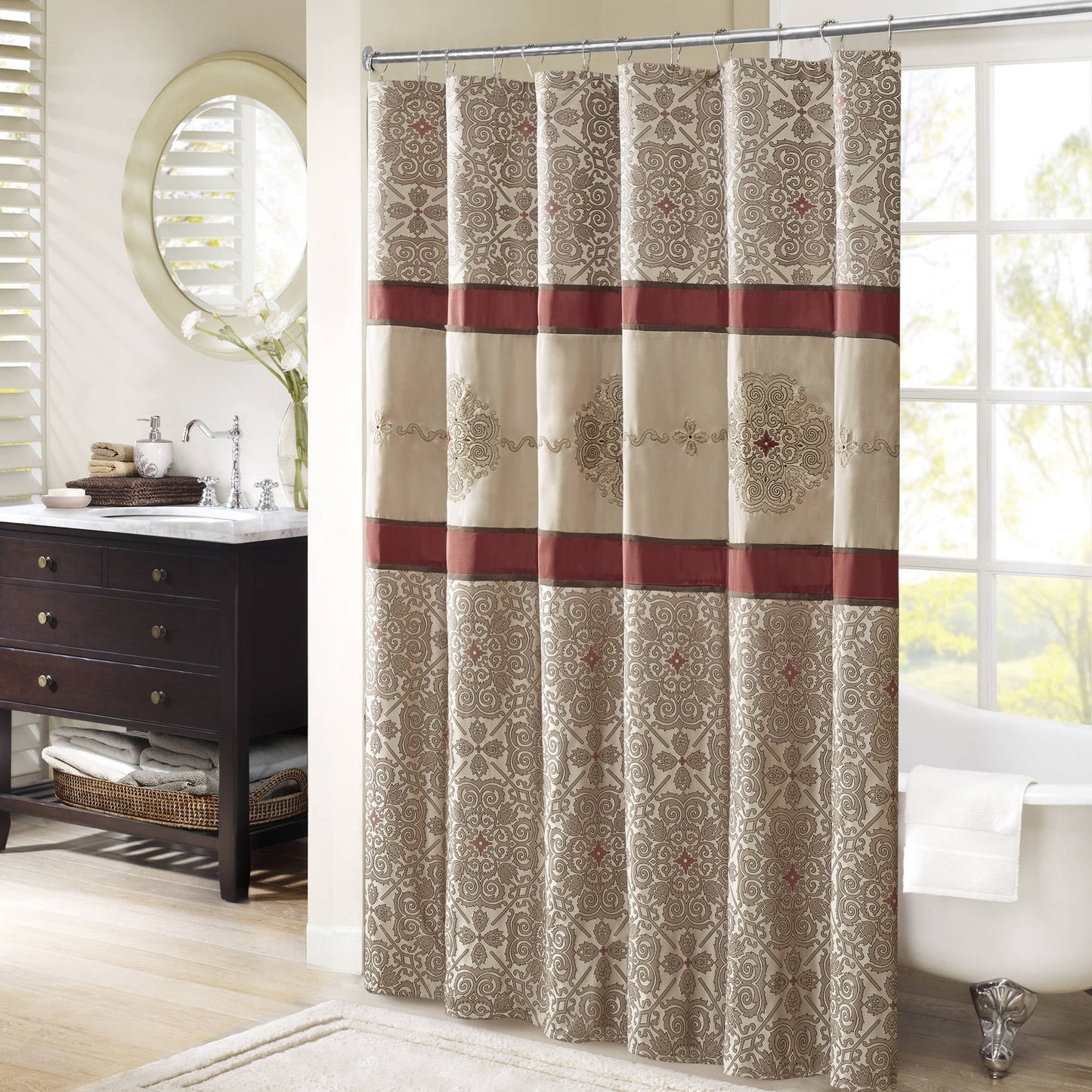 Traditional Embroidered Medallion Bathroom Shower Curtain with 12 Button Holes