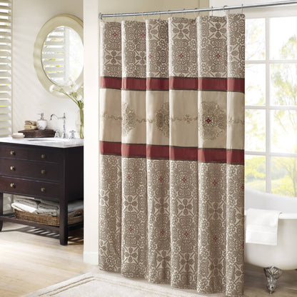 Traditional Embroidered Medallion Bathroom Shower Curtain with 12 Button Holes