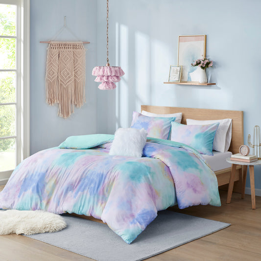 Watercolor Tie Dye Printed Duvet Cover Set with Throw Pillow