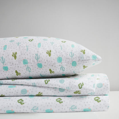 Cotton Flannel Pigment Printed Sheet Set in Green Cactus