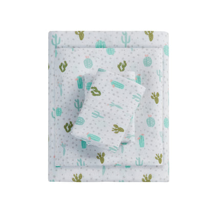 Cotton Flannel Pigment Printed Sheet Set in Green Cactus