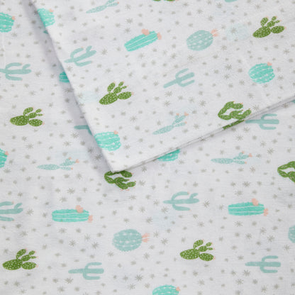 Cotton Flannel Pigment Printed Sheet Set in Green Cactus