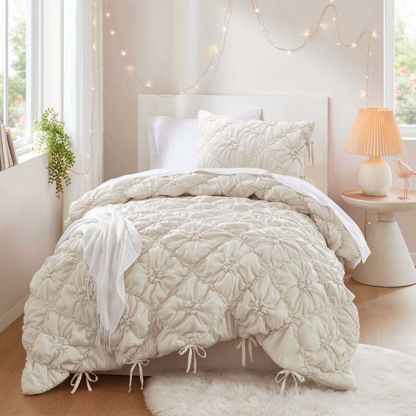 Floral Puffy Bow Tie Bedding Set, Comforter Set with Sham