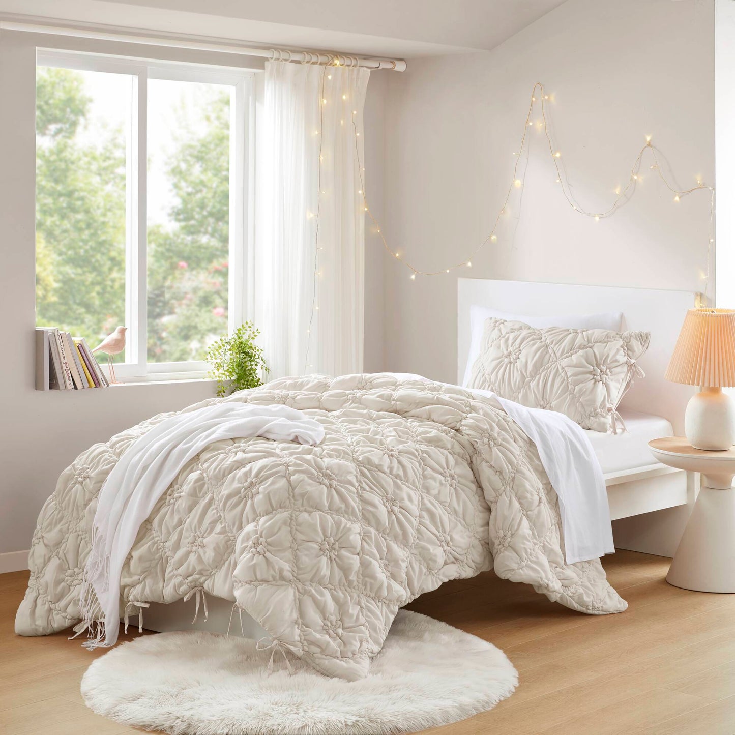 Floral Puffy Bow Tie Bedding Set, Comforter Set with Sham