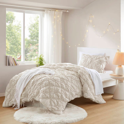 Floral Puffy Bow Tie Bedding Set, Comforter Set with Sham