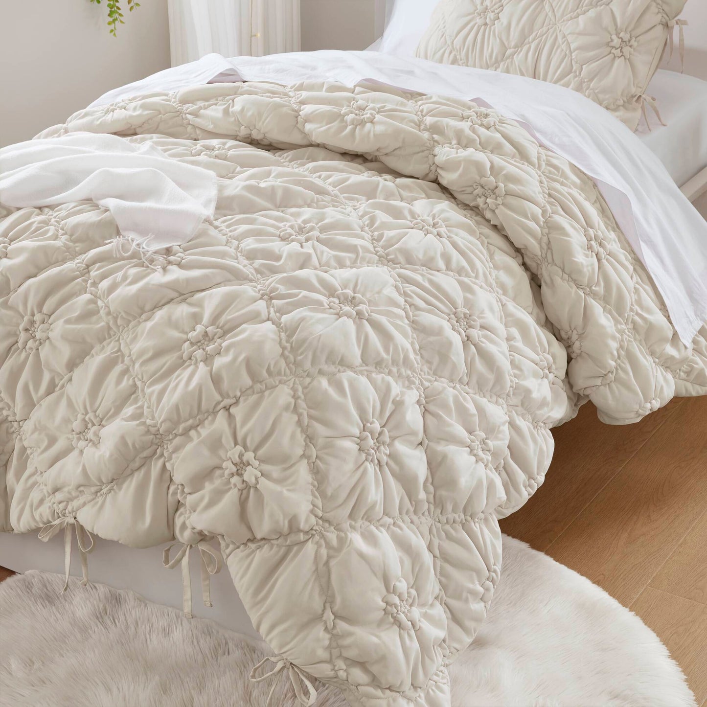 Floral Puffy Bow Tie Bedding Set, Comforter Set with Sham