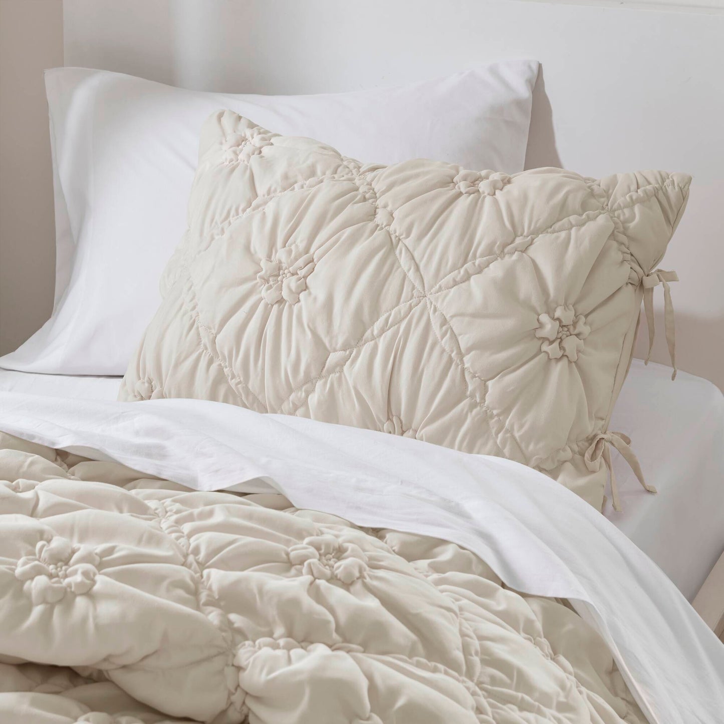 Floral Puffy Bow Tie Bedding Set, Comforter Set with Sham