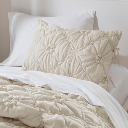 Floral Puffy Bow Tie Bedding Set, Comforter Set with Sham