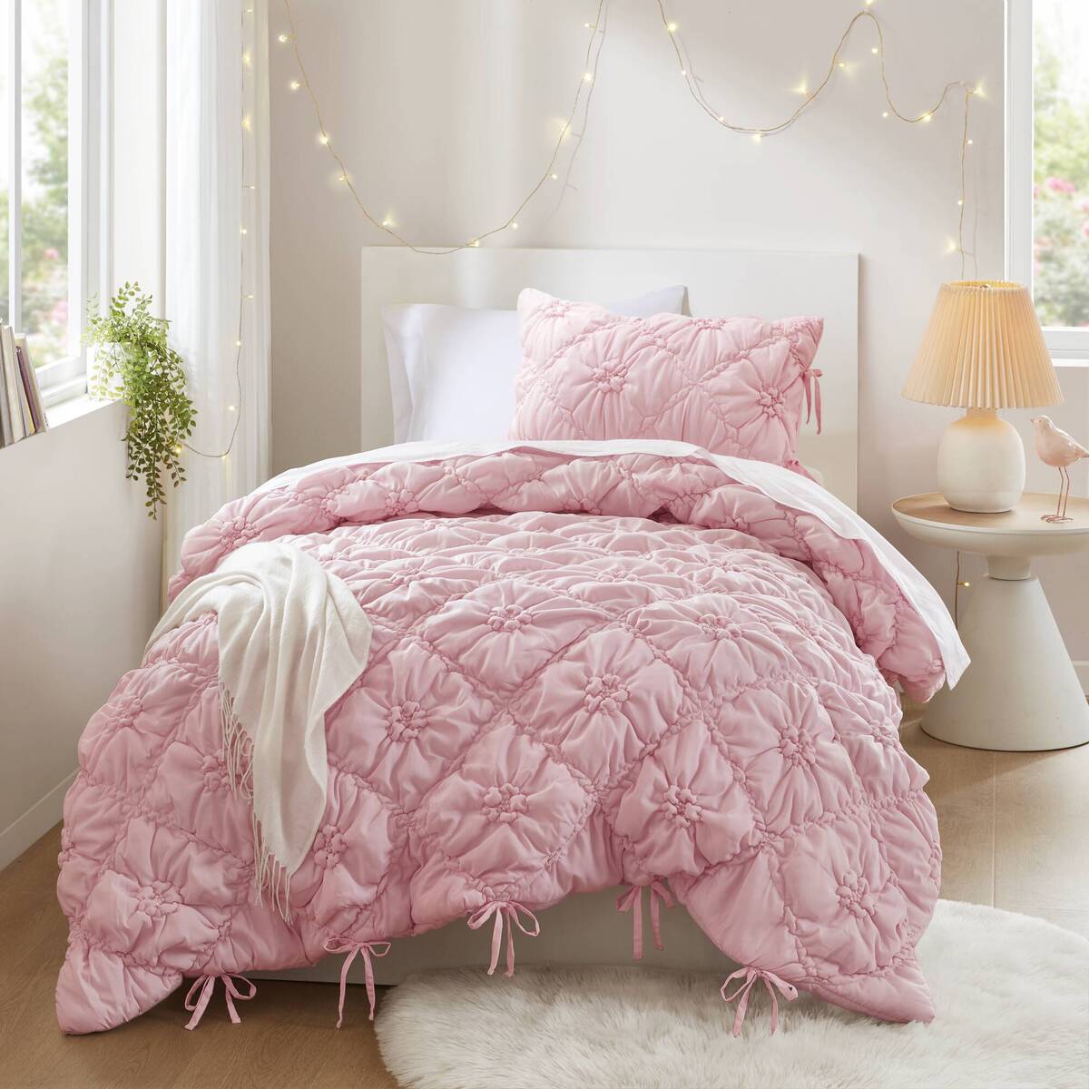 Floral Puffy Bow Tie Bedding Set, Comforter Set with Sham