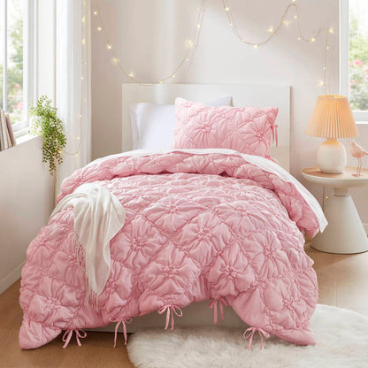 Floral Puffy Bow Tie Bedding Set, Comforter Set with Sham