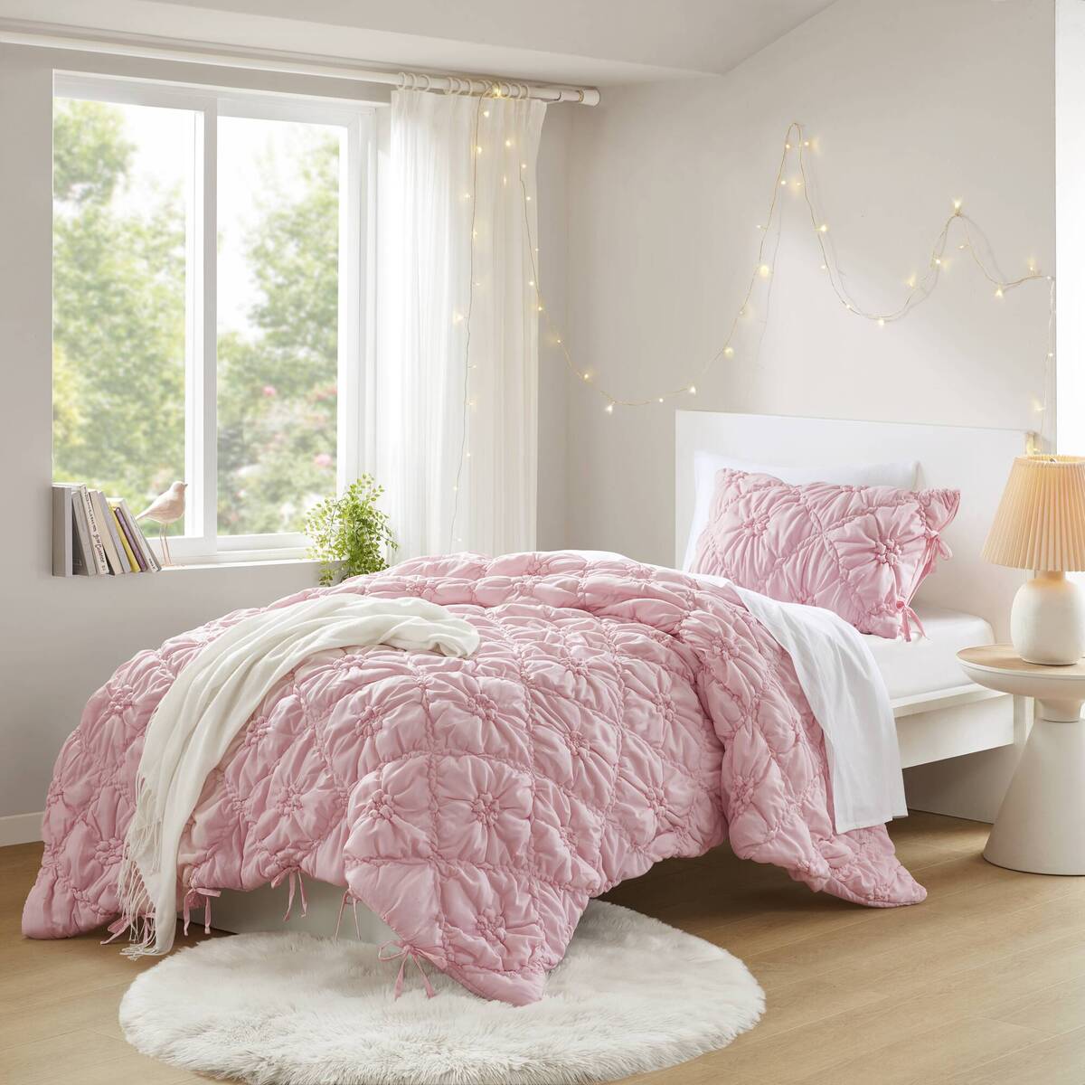 Floral Puffy Bow Tie Bedding Set, Comforter Set with Sham