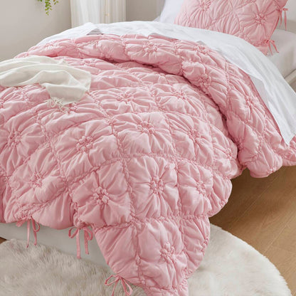 Floral Puffy Bow Tie Bedding Set, Comforter Set with Sham