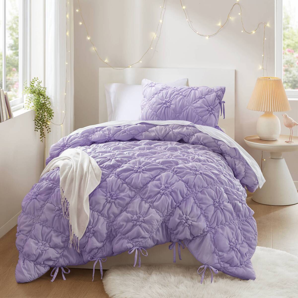 Floral Puffy Bow Tie Bedding Set, Comforter Set with Sham