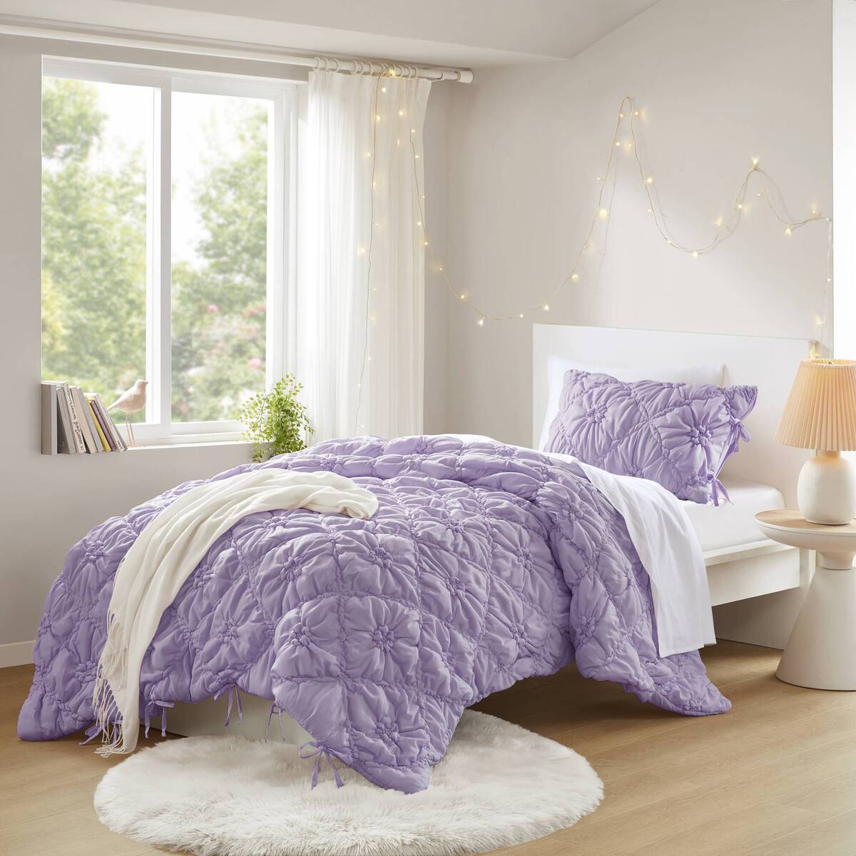 Floral Puffy Bow Tie Bedding Set, Comforter Set with Sham