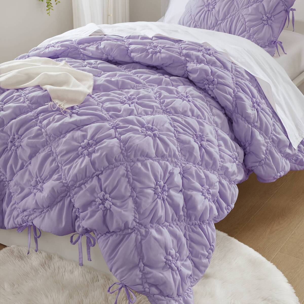 Floral Puffy Bow Tie Bedding Set, Comforter Set with Sham