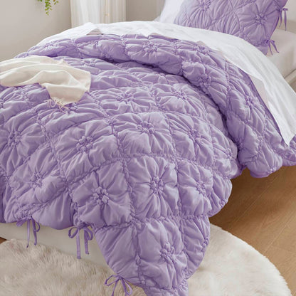 Floral Puffy Bow Tie Bedding Set, Comforter Set with Sham