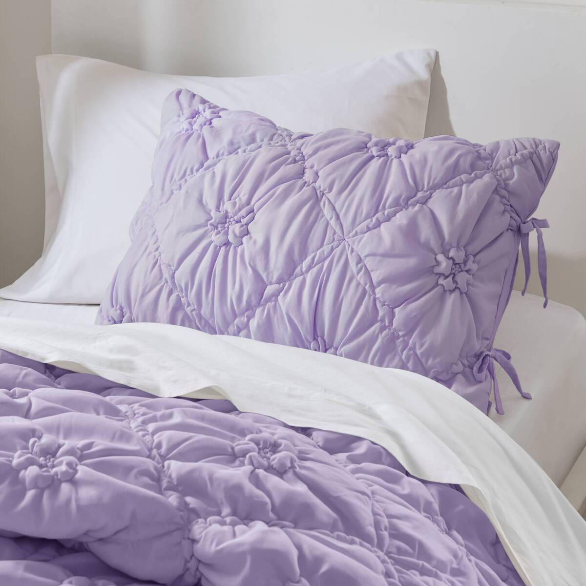 Floral Puffy Bow Tie Bedding Set, Comforter Set with Sham