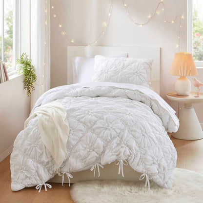 Floral Puffy Bow Tie Bedding Set, Comforter Set with Sham
