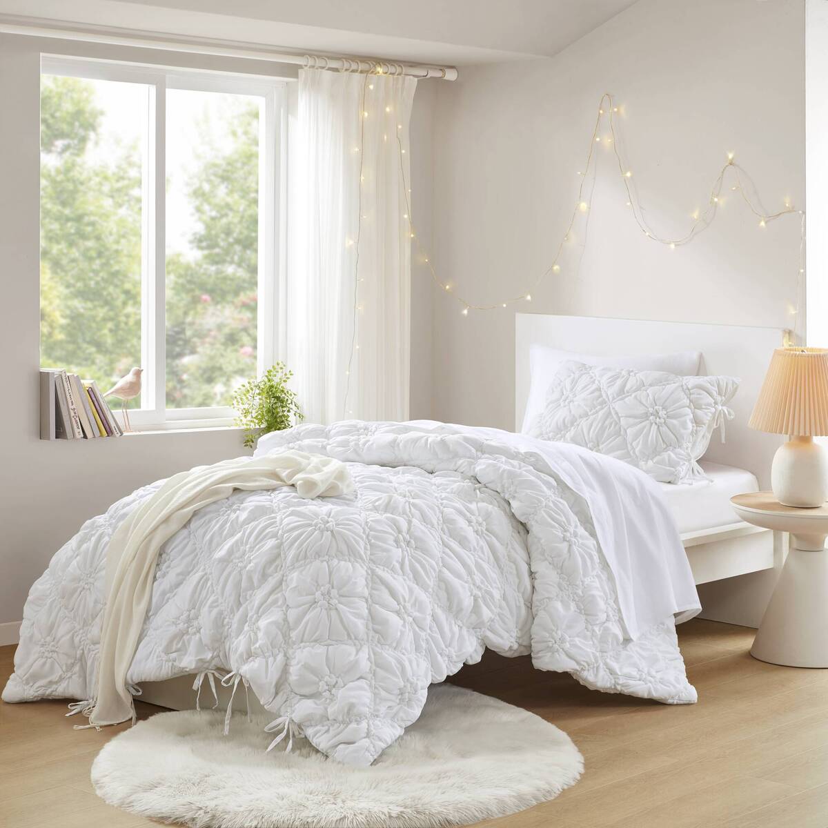 Floral Puffy Bow Tie Bedding Set, Comforter Set with Sham
