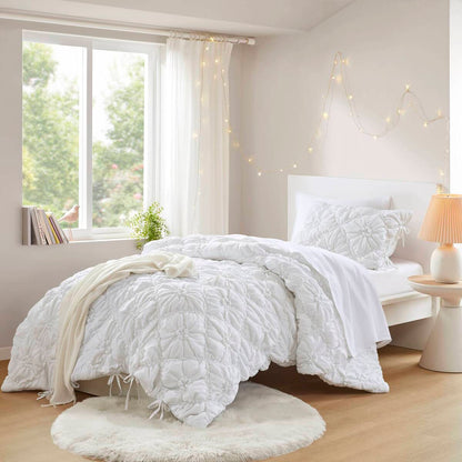 Floral Puffy Bow Tie Bedding Set, Comforter Set with Sham