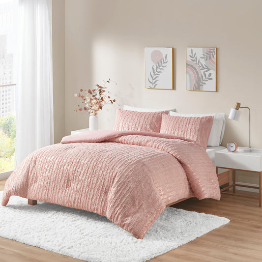 Metallic Print Faux Fur Comforter Set - Blush/Gold