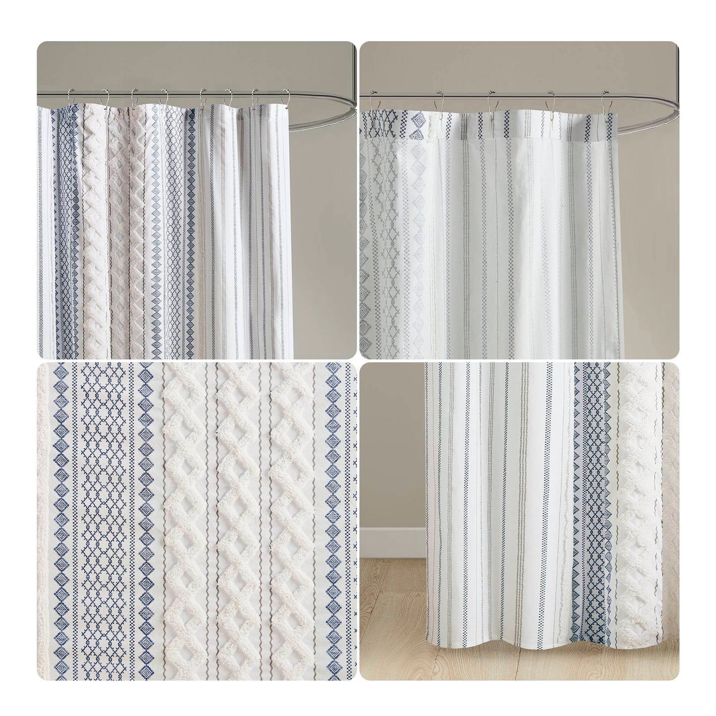 Aztec Printed Shower Curtains with Chenille Stripe Trim, Cotton Shower Curtain