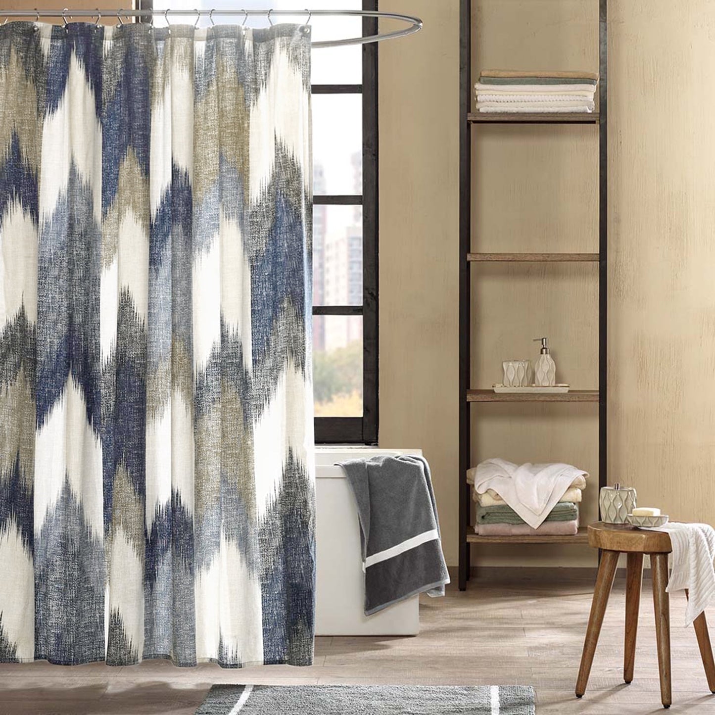 Chevron Shower Curtain 100% Cotton Bathroom Curtain with 12 Button Holes