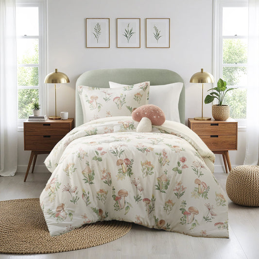 4 Piece Mushroom Garden Printed Bedding Set, Green Floral Comforter Set