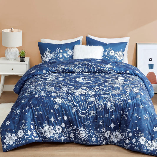 4-Piece Polyester Fabric Printed Comforter Set in Navy