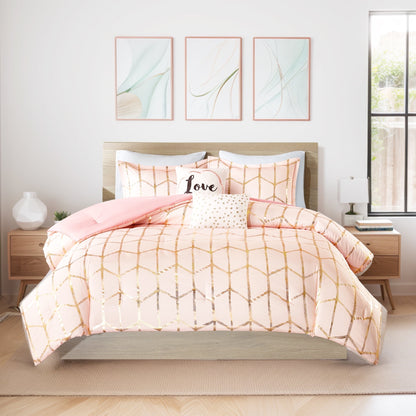 Vivian Full/Queen Size Blush and Gold Comforter Bed Set
