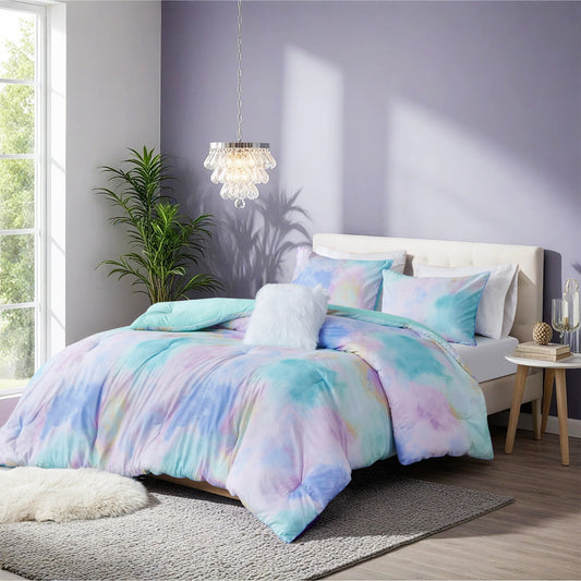 4 Piece Watercolor Tie Dye Printed Bedding Set, Comforter Set with Throw Pillow