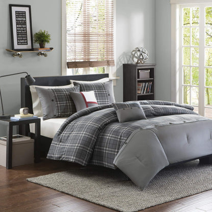 5-Piece Ultra Soft Grey Plaid Print All Season Comforter Set