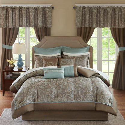 Room in a Bag Jacquard Paisley Pattern Conforter Set with Comforter, Bedskirt, Bed Sheets, Curtains, Pillowcases