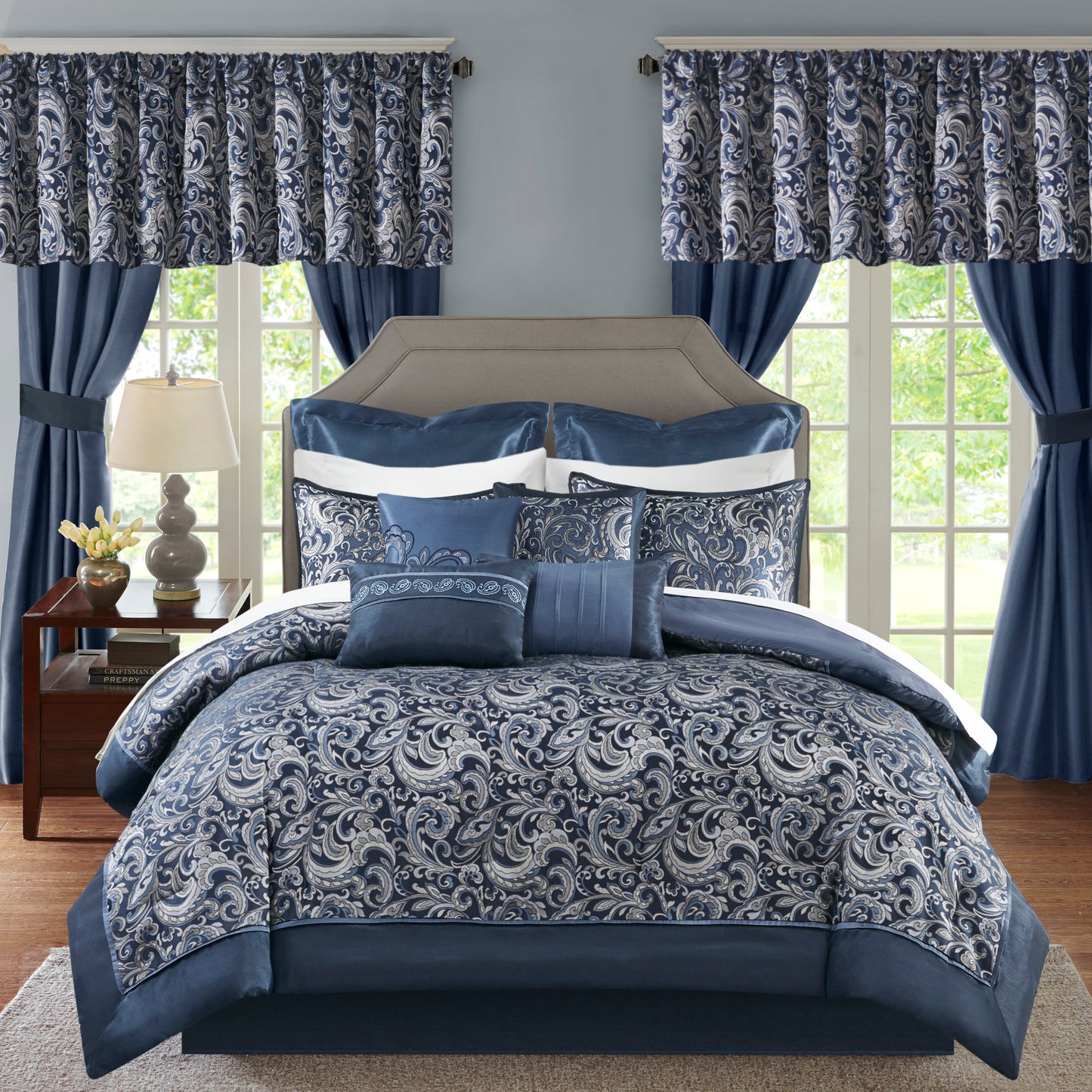 Room in a Bag Jacquard Paisley Pattern Conforter Set with Comforter, Bedskirt, Bed Sheets, Curtains, Pillowcases