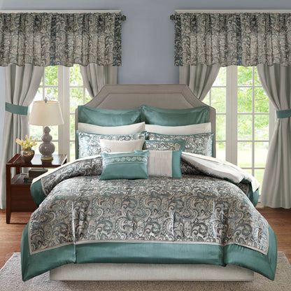 Room in a Bag Jacquard Paisley Pattern Conforter Set with Comforter, Bedskirt, Bed Sheets, Curtains, Pillowcases